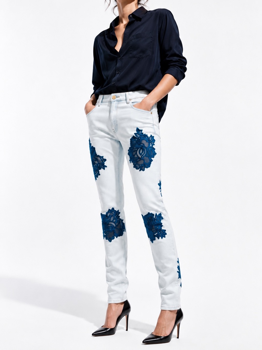HOUSE OF HOLLAND ‼️RARE‼️Navy Blue Lace Flower Patch Skinny Jeans